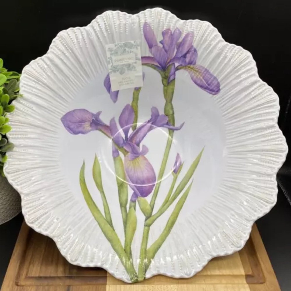 Shabby Chic Melamine Iris Flower Scalloped Serving Bowl- 13”
